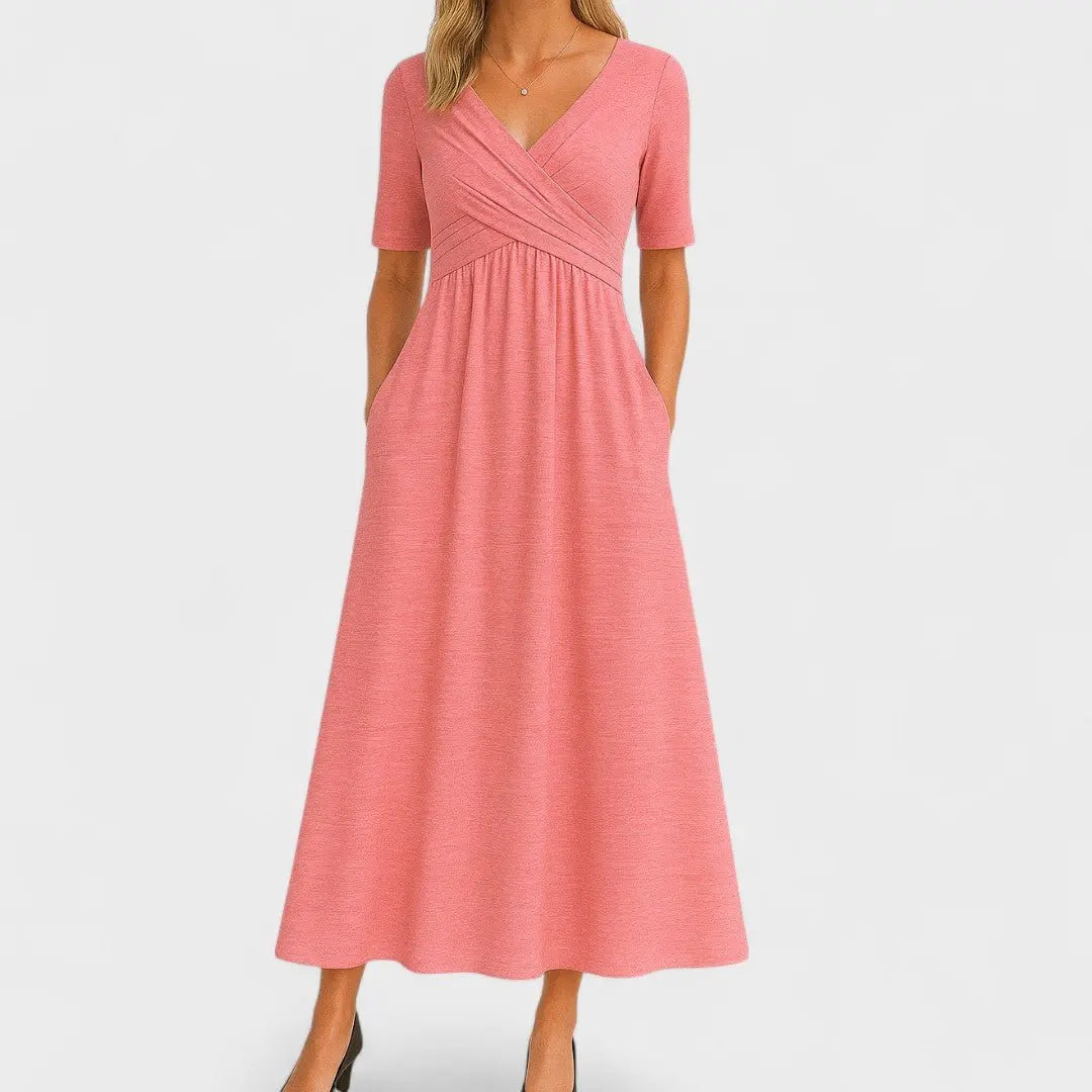 Midi Wrap Dress V-Neck Elbow Sleeves Side Pockets - Pink