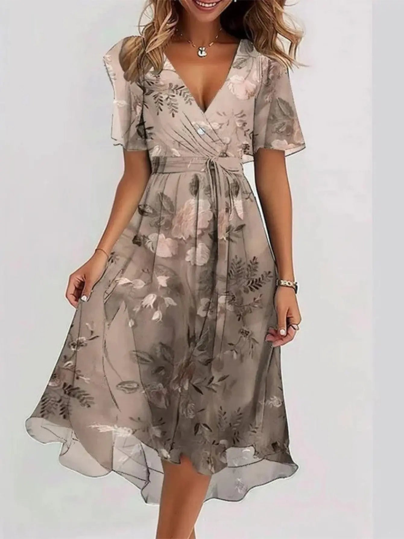 Midi Wrap Dress V-Neck Floral Short Sleeve Summer - Brown