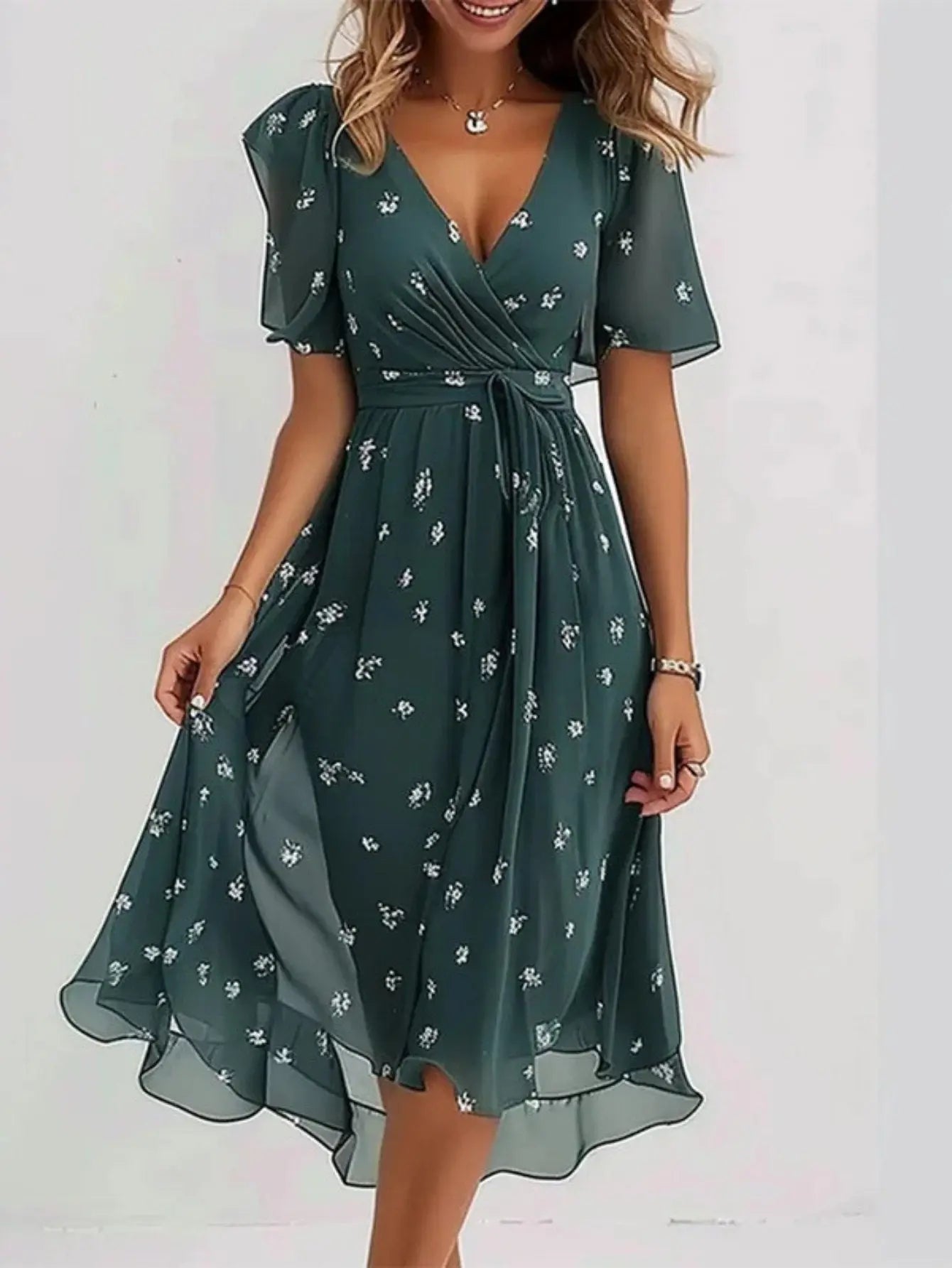 Midi Wrap Dress V-Neck Floral Short Sleeve Summer - Green