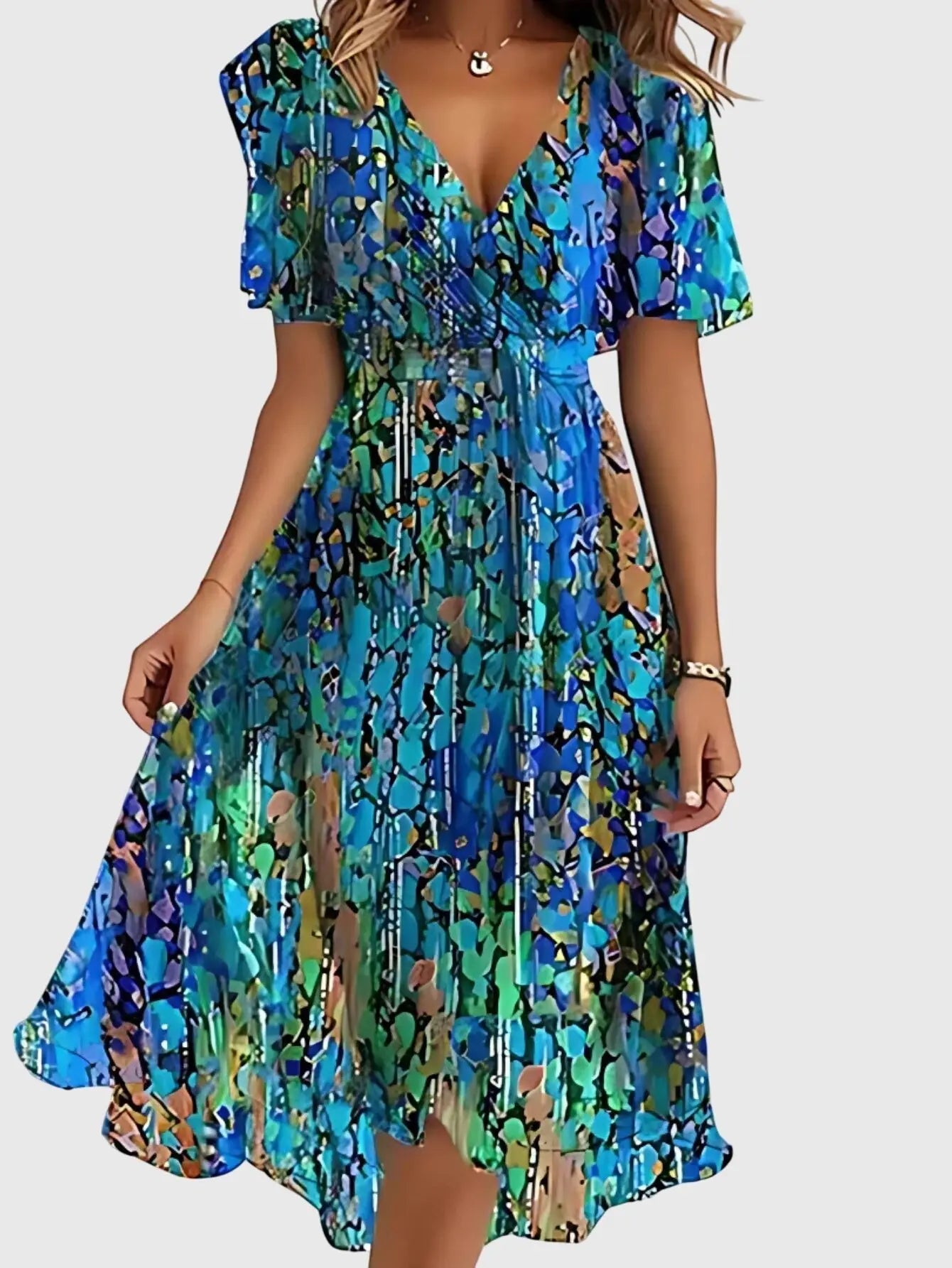 Midi Wrap Dress V-Neck Floral Short Sleeve Summer - Blue