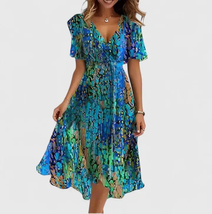 Midi Wrap Dress V-Neck Flutter Sleeves Floral Print - Blue/Green