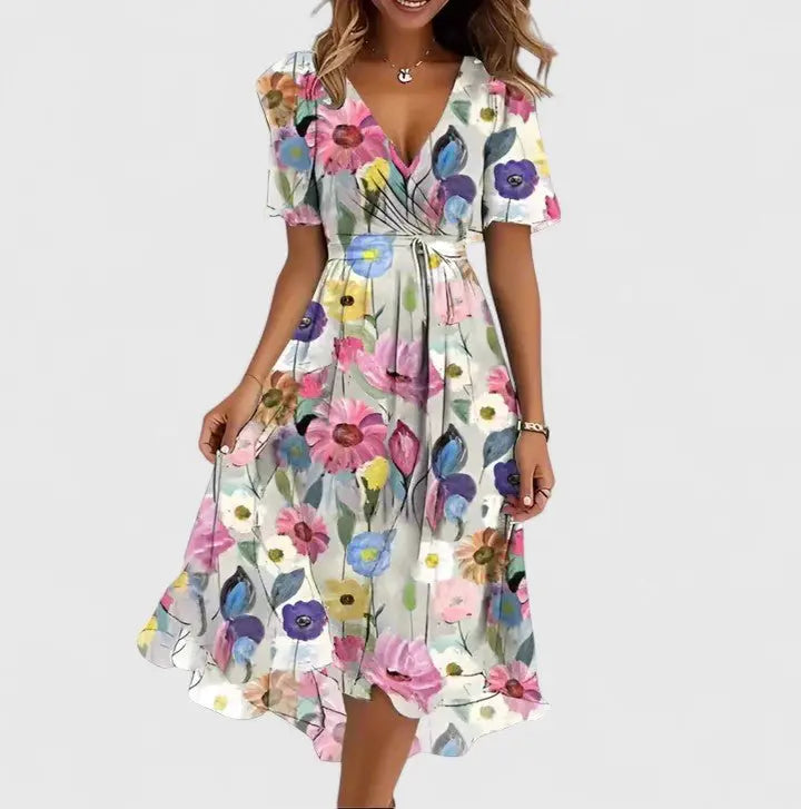 Midi Wrap Dress V-Neck Flutter Sleeves Floral Print - White Floral