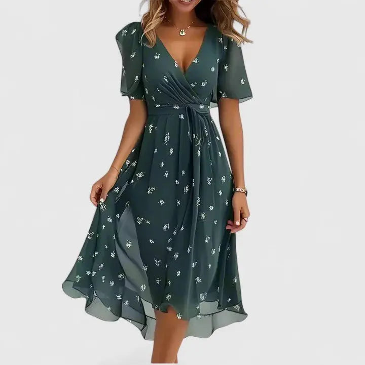 Midi Wrap Dress V-Neck Flutter Sleeves Floral Print - Green