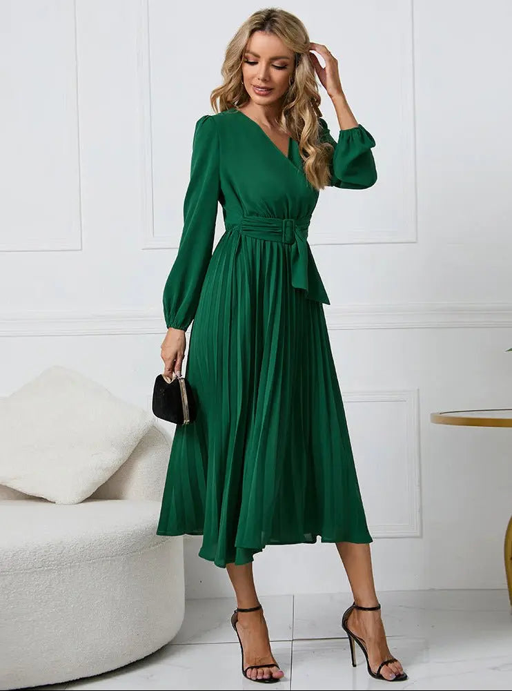 Midi Wrap Dress V-Neck Pleated Long Sleeve Belt - Green