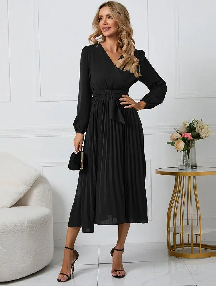 Midi Wrap Dress V-Neck Pleated Long Sleeve Belt - Black