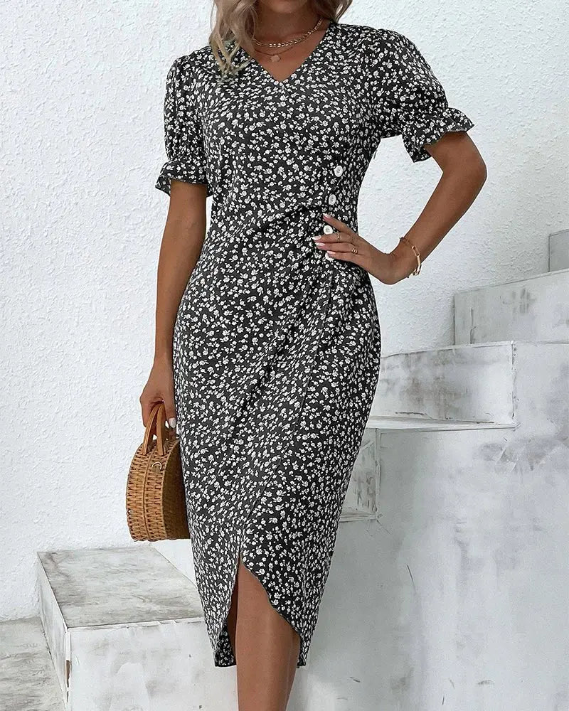 Midi Wrap Dress V-Neck Short Sleeve Floral Print