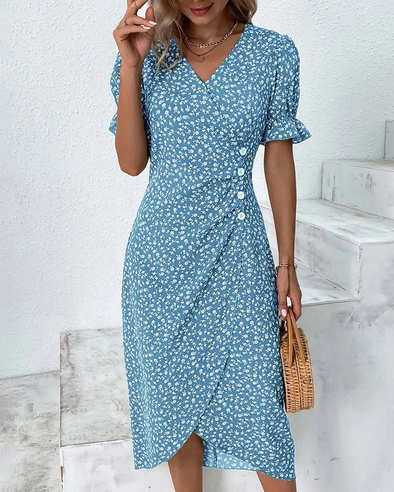 Midi Wrap Dress V-Neck Short Sleeve Floral Print - Blue