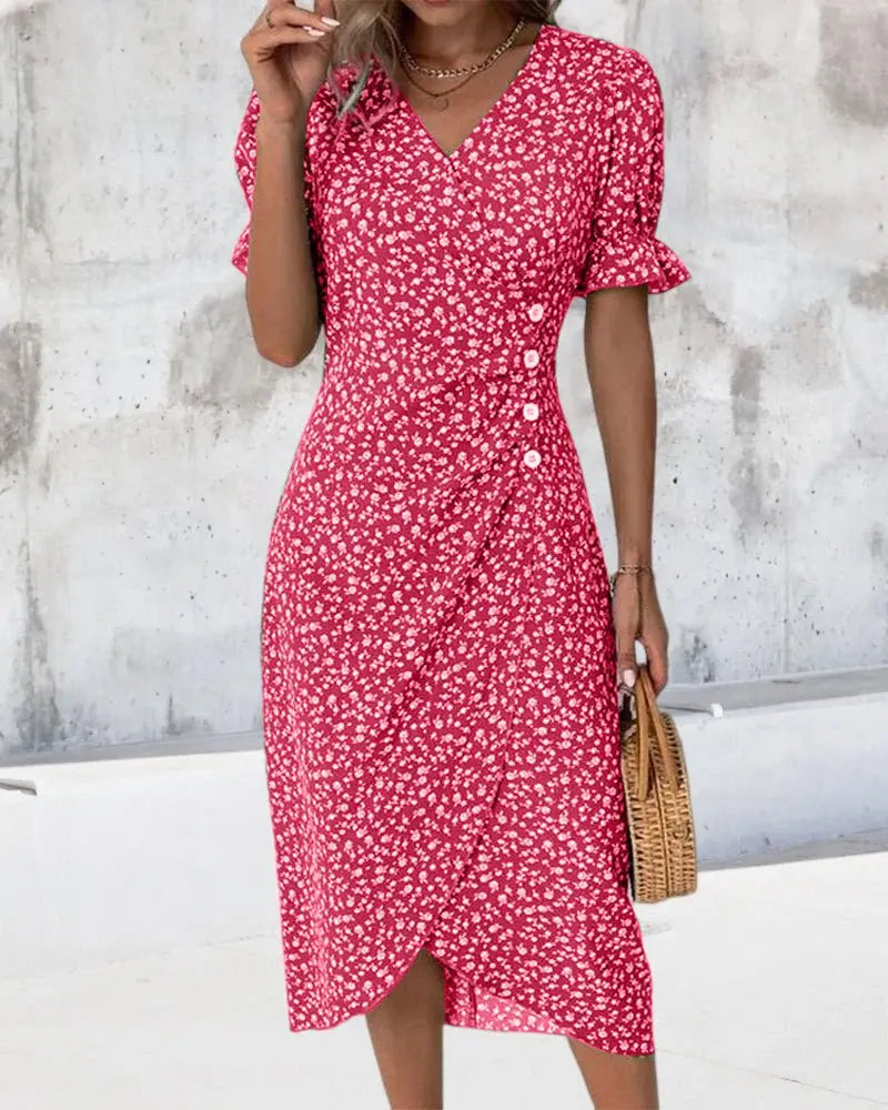 Midi Wrap Dress V-Neck Short Sleeve Floral Print - Red