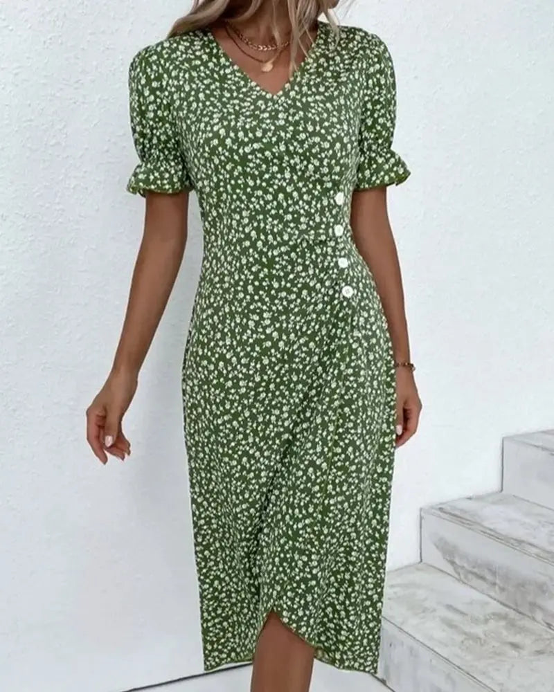 Midi Wrap Dress V-Neck Short Sleeve Floral Print