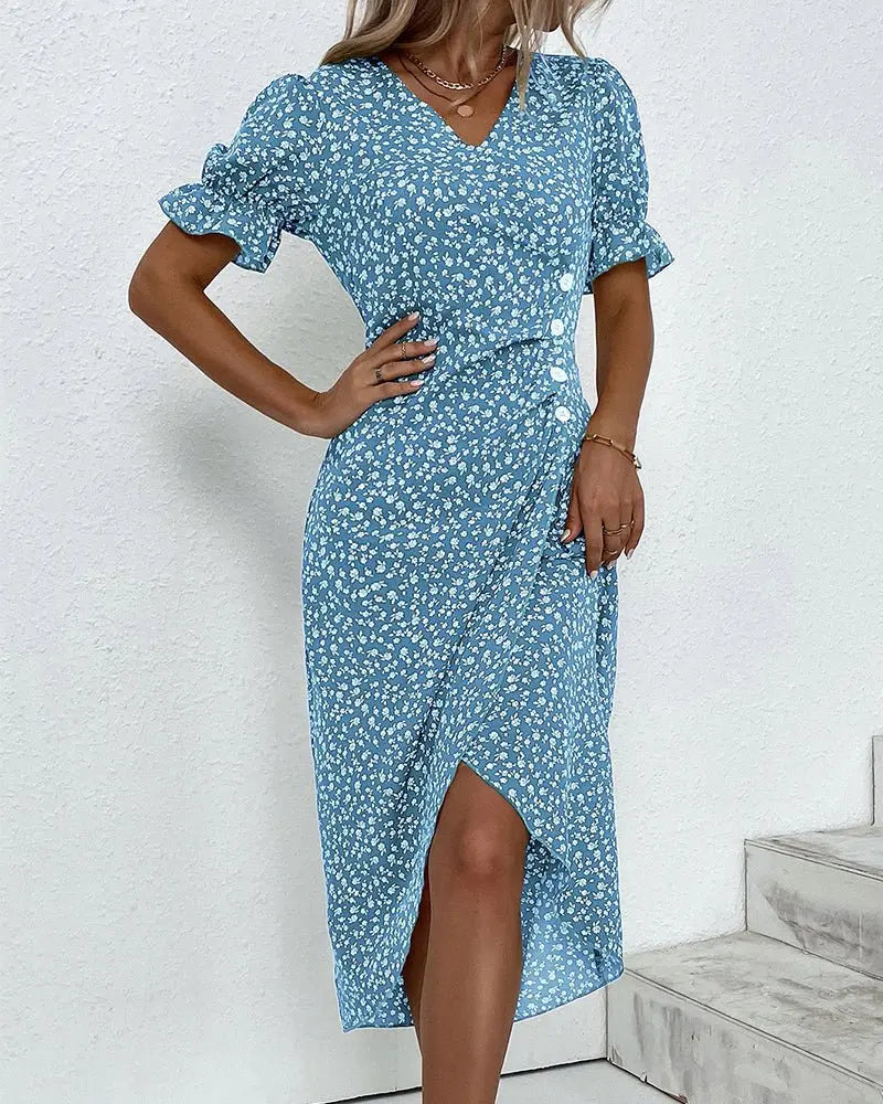 Midi Wrap Dress V-Neck Short Sleeve Floral Print