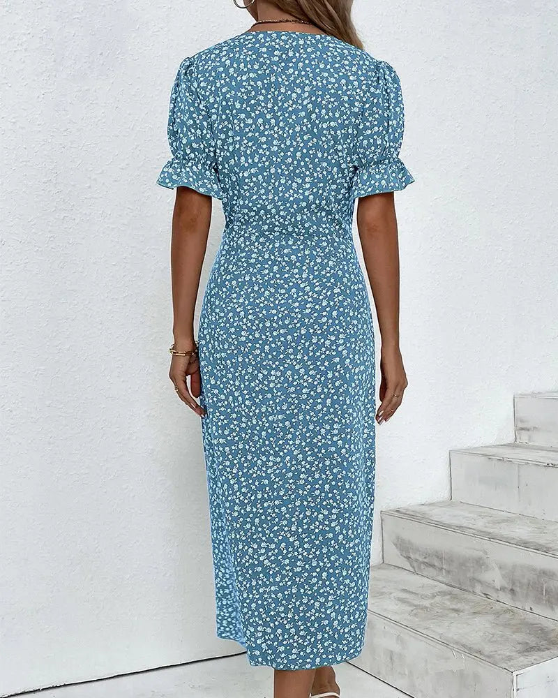 Midi Wrap Dress V-Neck Short Sleeve Floral Print