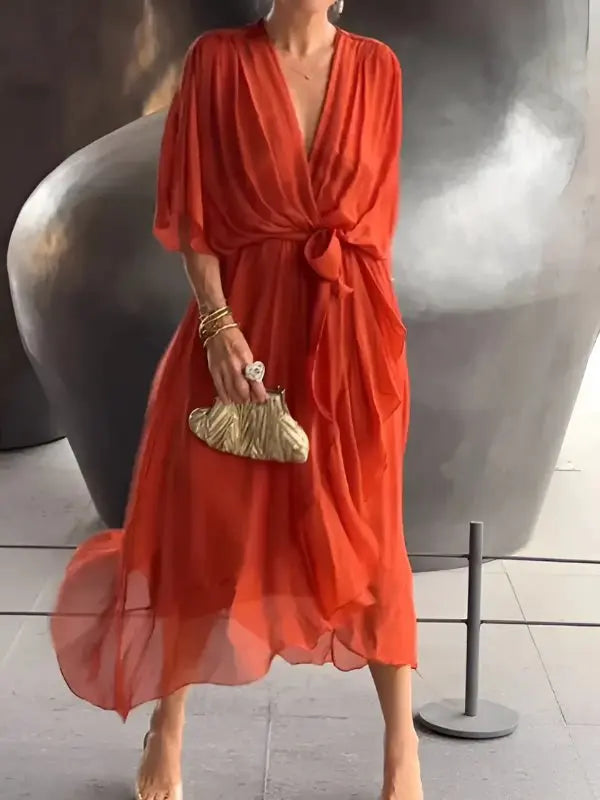 Midi Wrap Dress V-Neck Tie Waist Flowing Sleeves - Red Orange