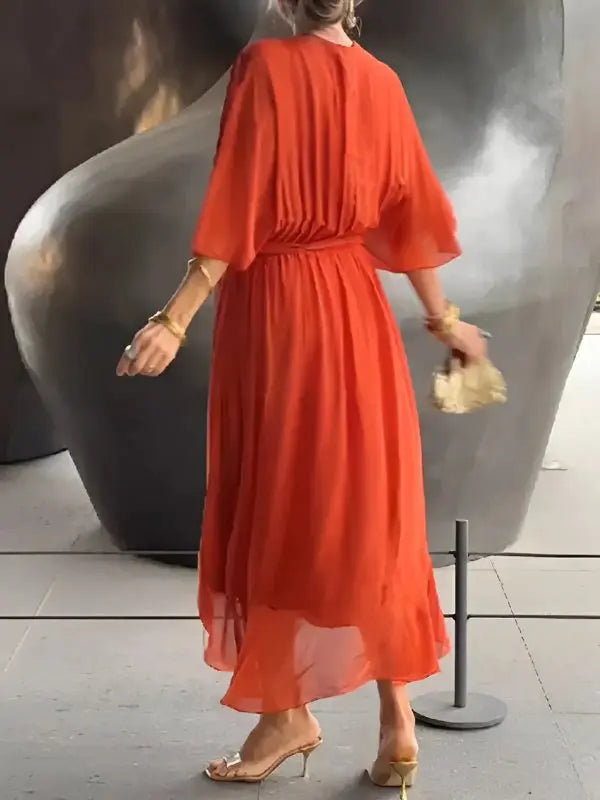 Midi Wrap Dress V-Neck Tie Waist Flowing Sleeves