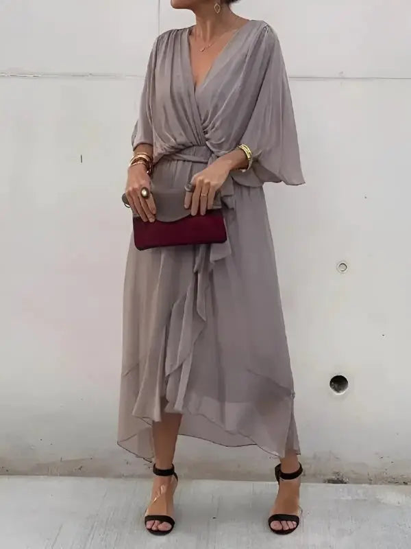 Midi Wrap Dress V-Neck Tie Waist Flowing Sleeves - Gray (Almost sold out)