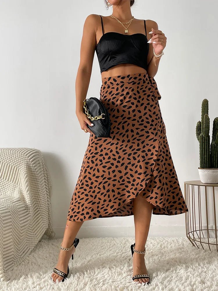 Midi Wrap Skirt High Waisted Asymmetric Hem Leaf Print - Brown