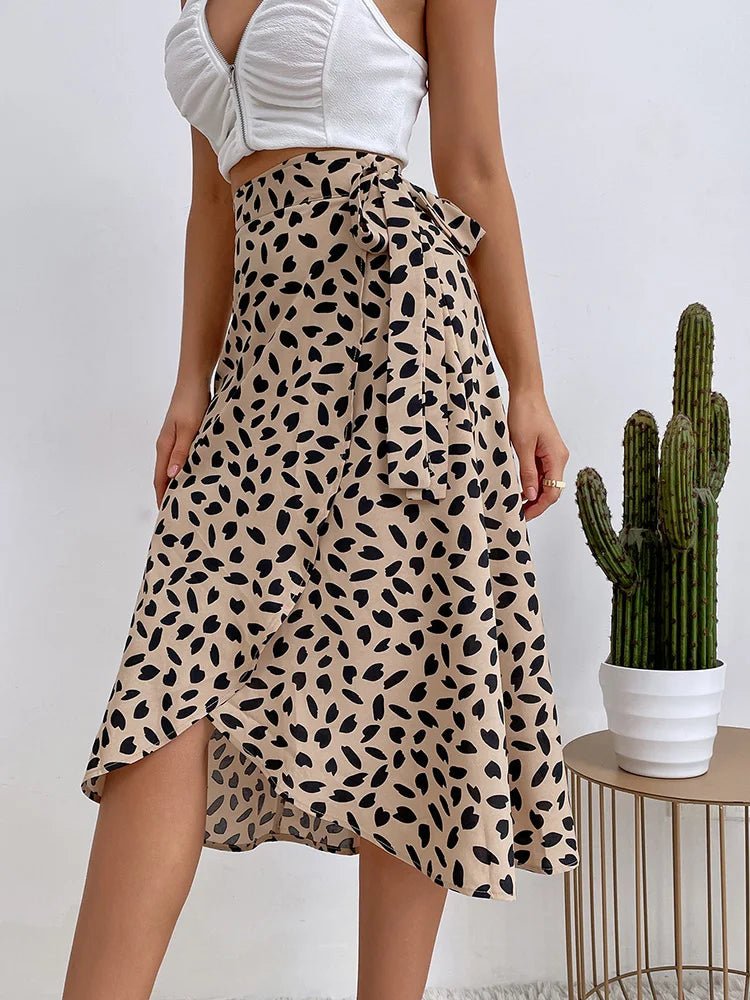 Midi Wrap Skirt High Waisted Asymmetric Hem Leaf Print - Khaki