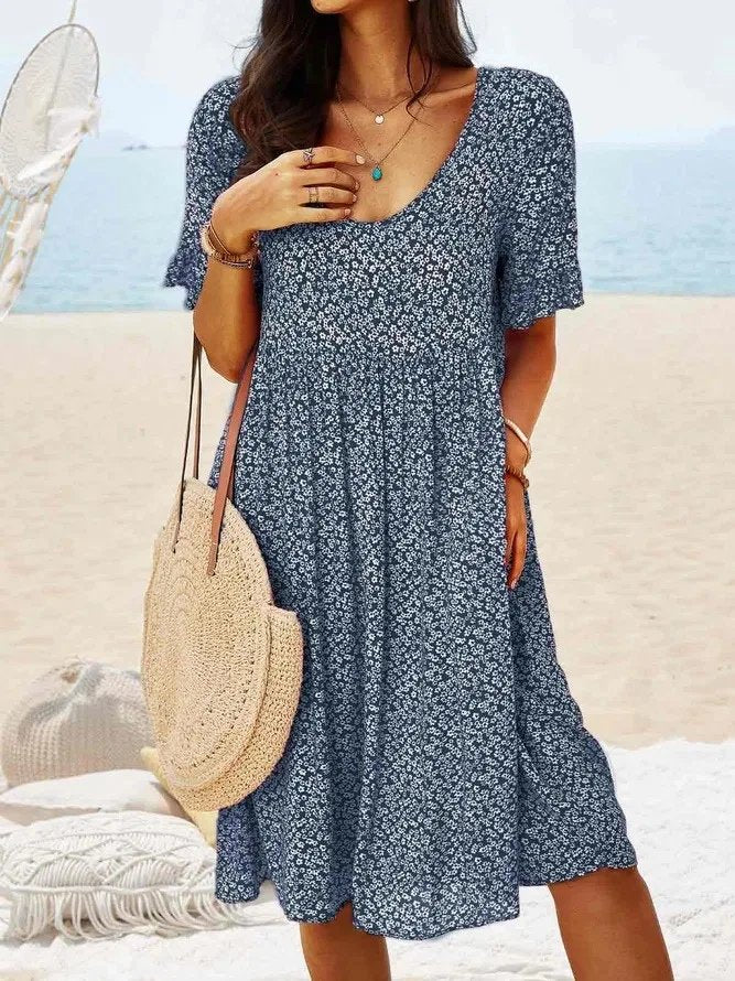Mini Dress Flutter Sleeves Cotton Ditsy Floral - Navy