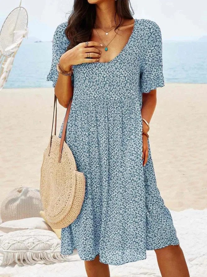 Mini Dress Flutter Sleeves Cotton Ditsy Floral - Steel Blue