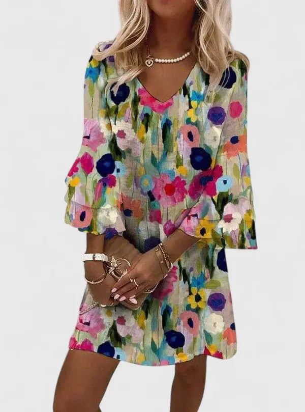Mini Dress V-Neck Long Sleeve Abstract Floral Print - Multicolored