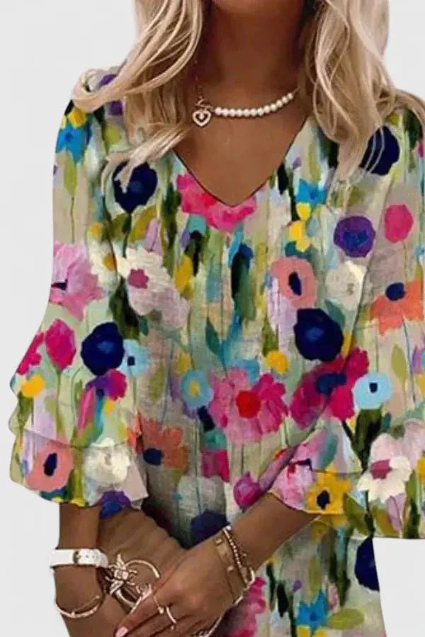 Mini Dress V-Neck Long Sleeve Abstract Floral Print