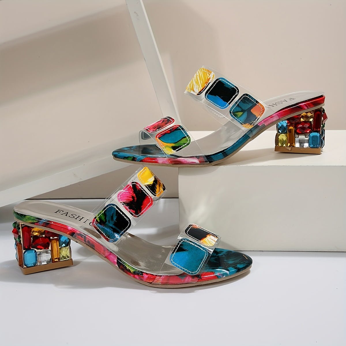 Multicolour Gem Block Heel Sandals Slip-On - Multicolor