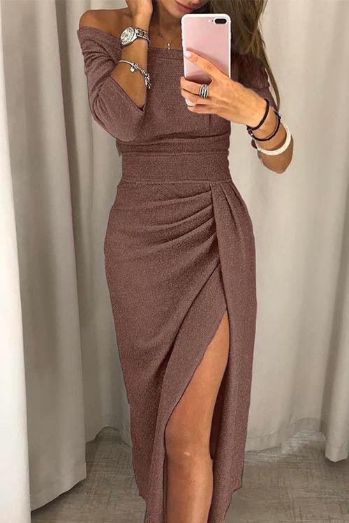 Off-Shoulder Evening Dress Wrap Style Midi - Brown
