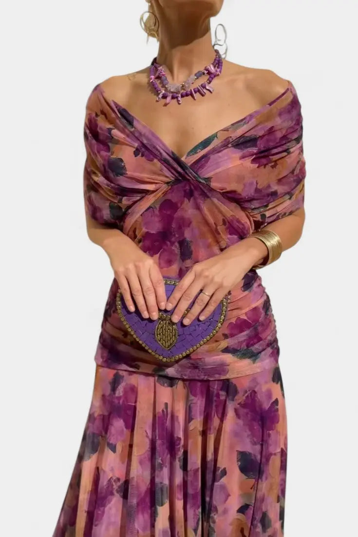 Off Shoulder Wrap Dress V-Neck Ruched Maxi Evening - Purple