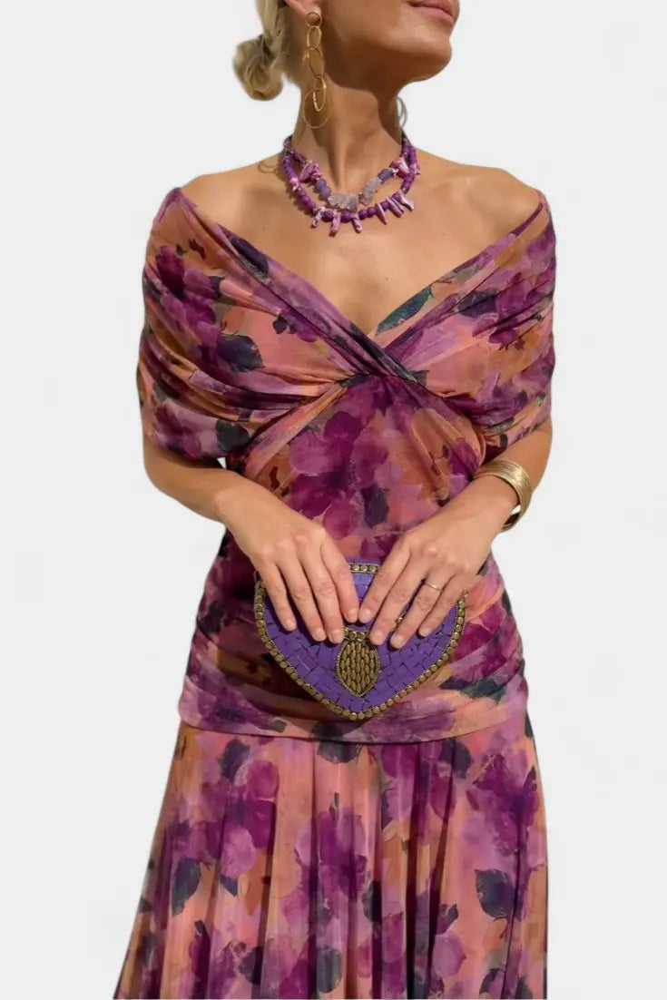 Off Shoulder Wrap Dress V-Neck Ruched Maxi Evening