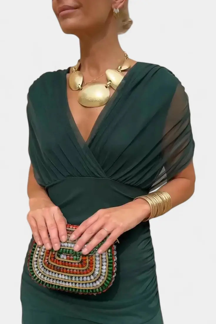 Off Shoulder Wrap Dress V-Neck Ruched Maxi Evening - Green