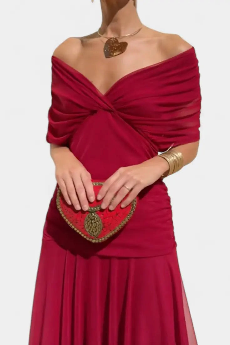 Off Shoulder Wrap Dress V-Neck Ruched Maxi Evening - Red