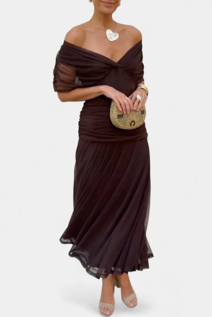 Off Shoulder Wrap Dress V-Neck Ruched Maxi Evening