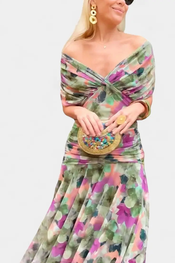 Off Shoulder Wrap Dress V-Neck Ruched Maxi Evening