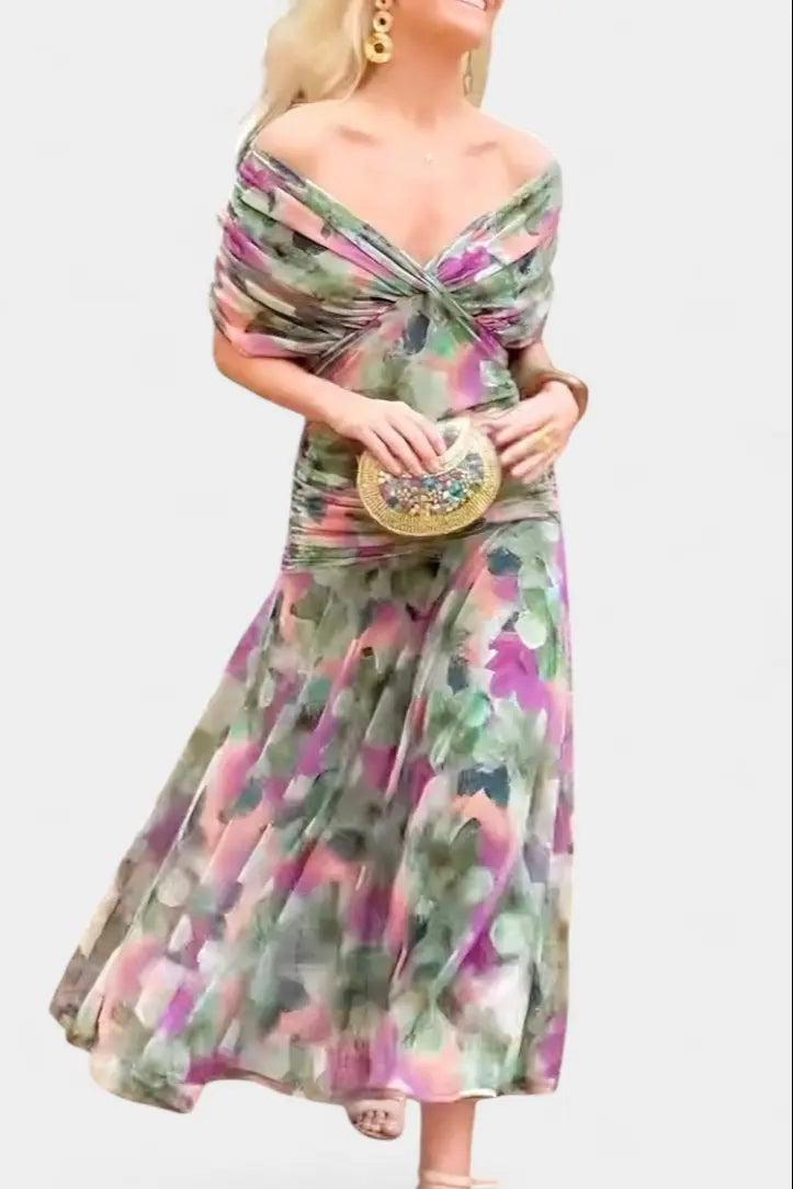 Off Shoulder Wrap Dress V-Neck Ruched Maxi Evening