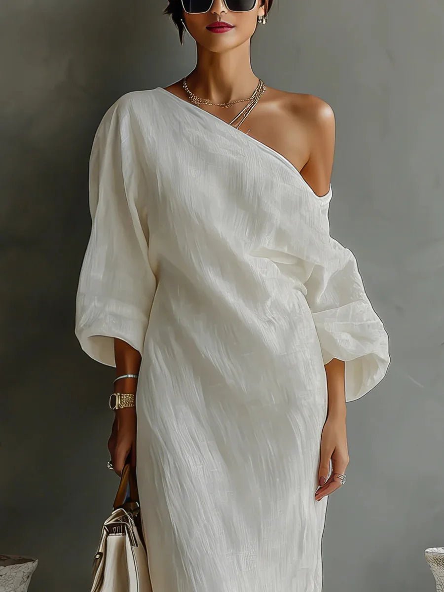 One Shoulder Linen Dress Asymmetric Batwing Sleeve