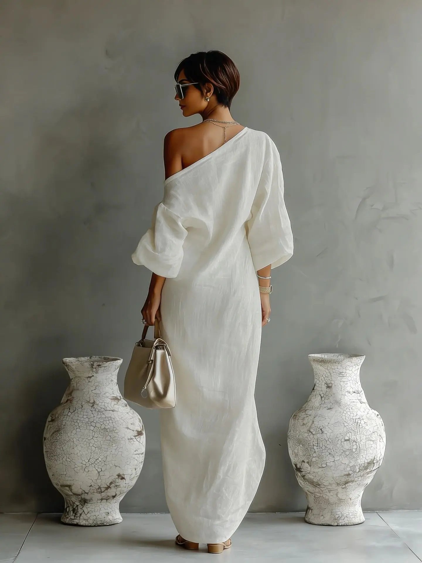 One Shoulder Linen Dress Asymmetric Batwing Sleeve