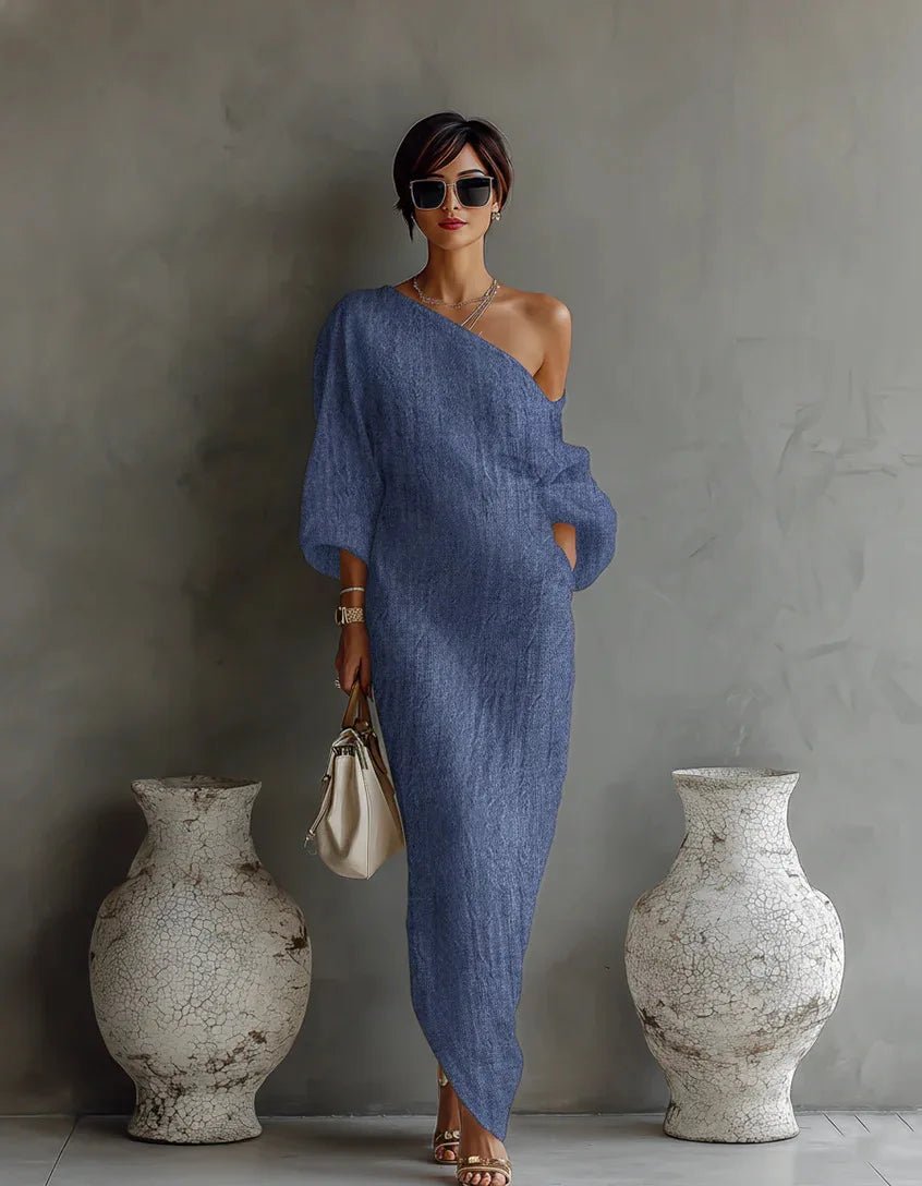 One Shoulder Linen Dress Asymmetric Batwing Sleeve - Blue