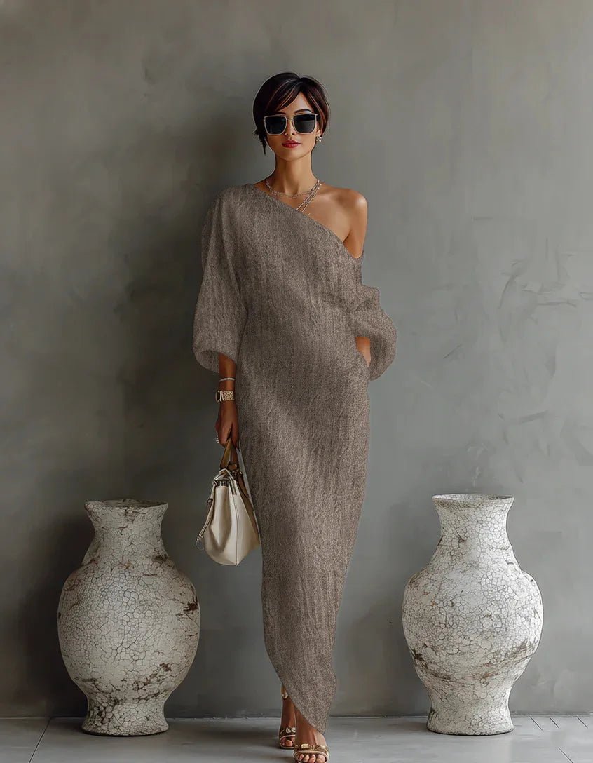 One Shoulder Linen Dress Asymmetric Batwing Sleeve - Khaki