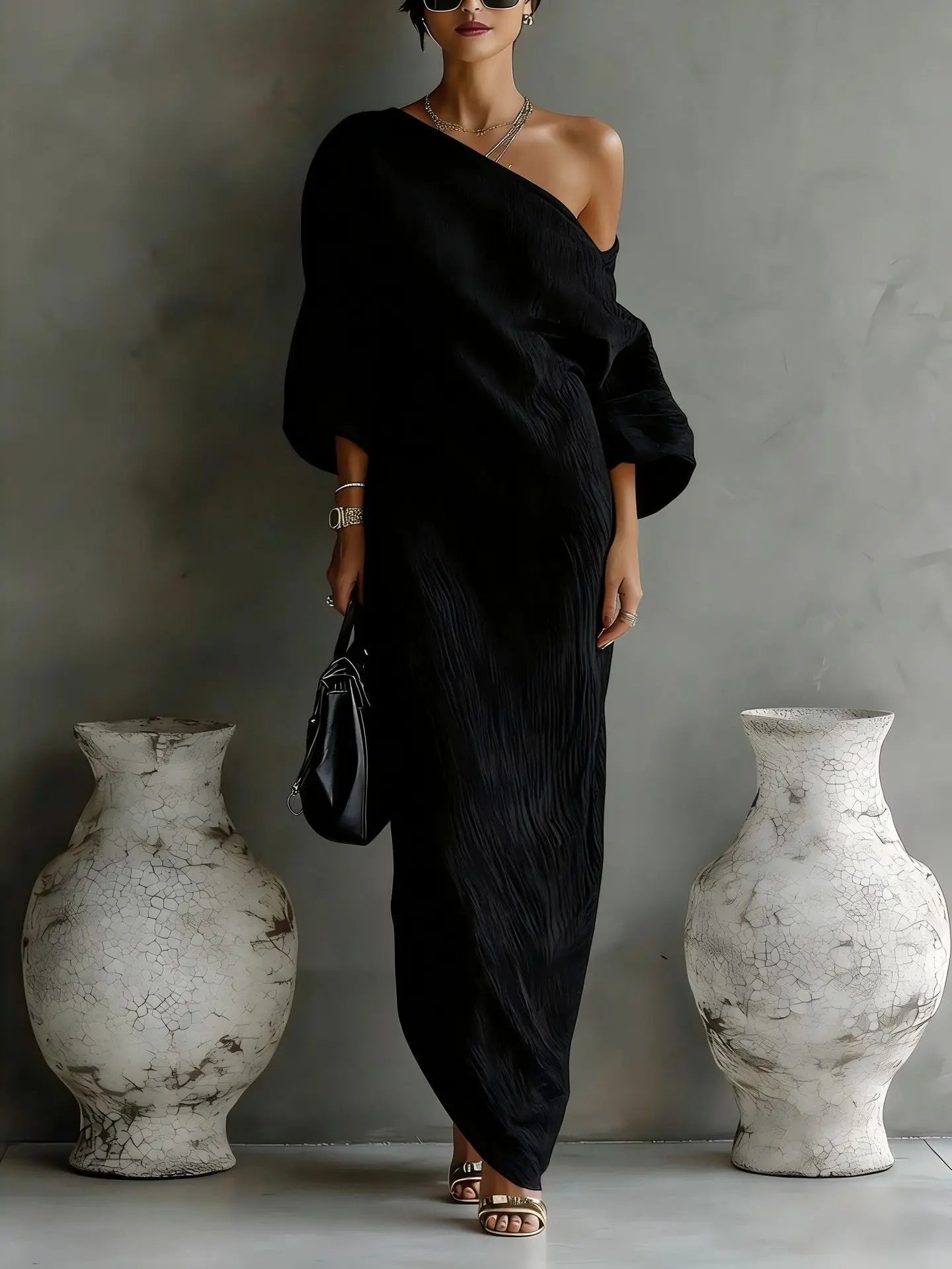 One Shoulder Linen Dress Asymmetric Batwing Sleeve - Black