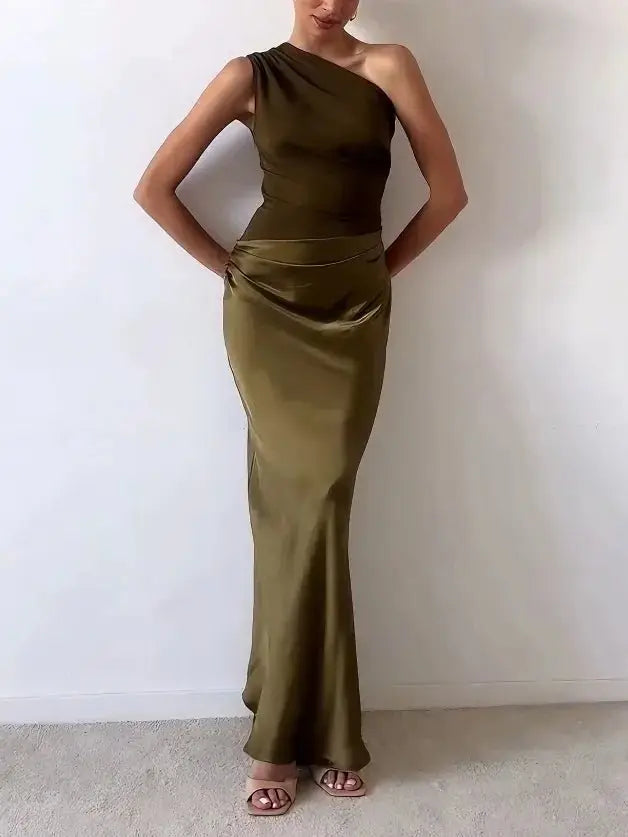 One Shoulder Maxi Dress Pleated Asymmetric Formal Evening