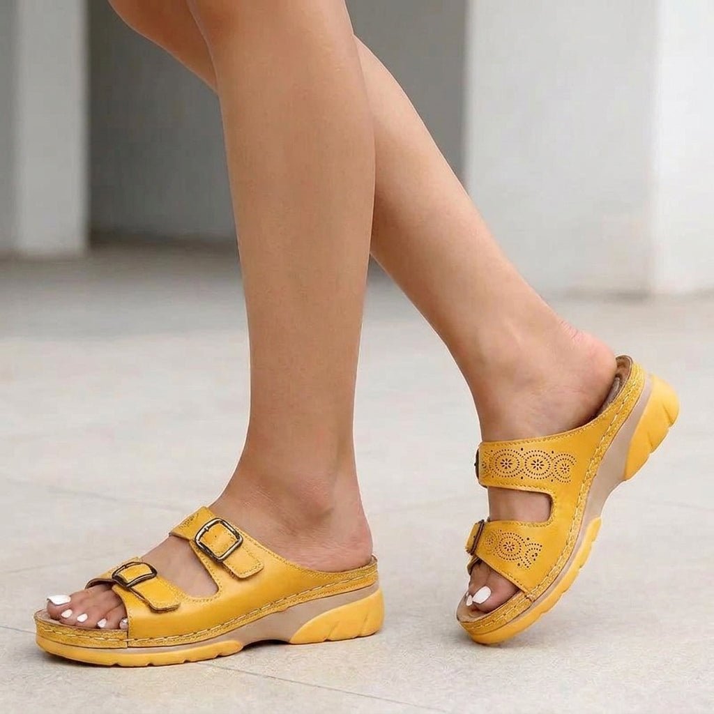 Orthopedic Buckle Platform Sandals Perforated Comfort - Yellow