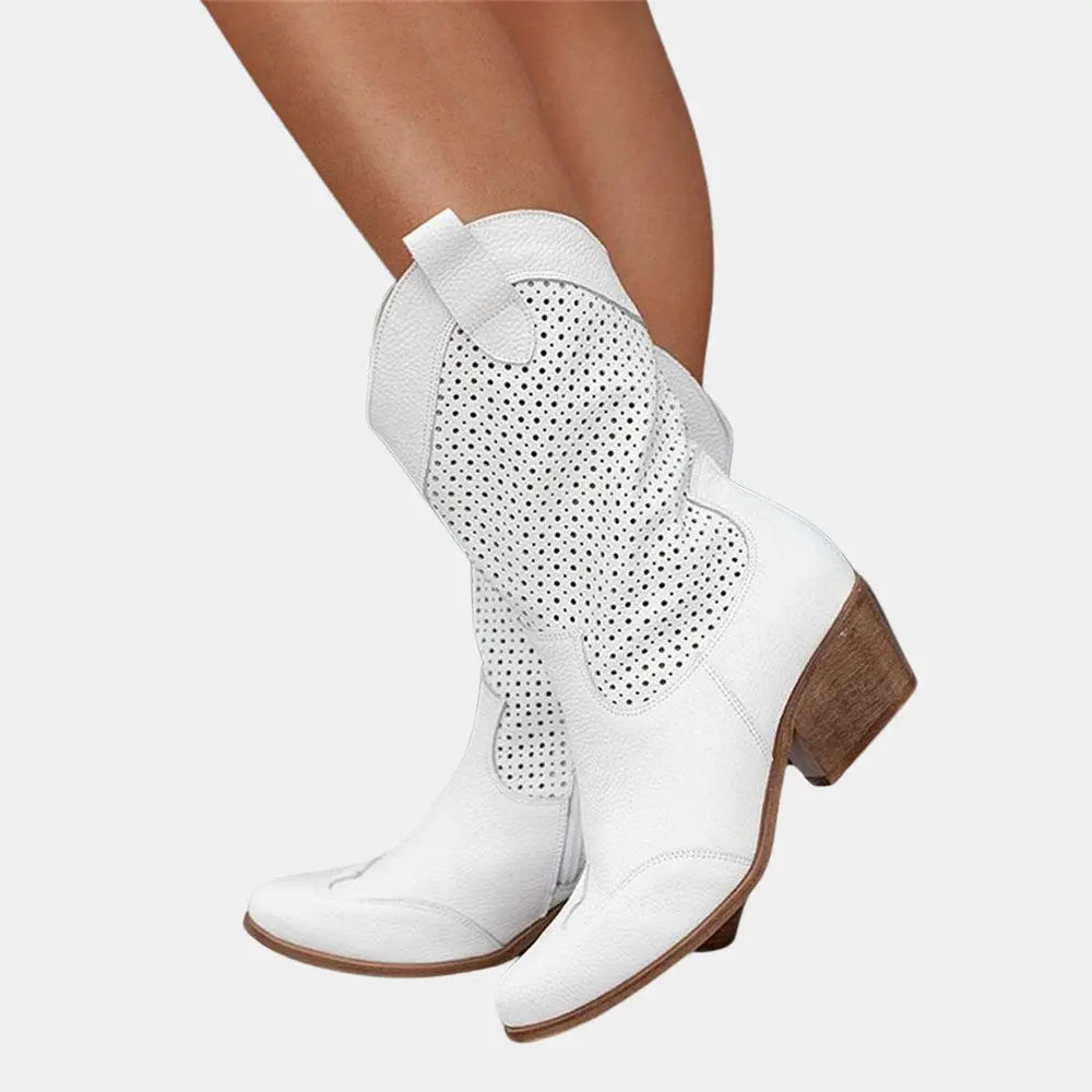 Orthopedic Cowboy Boots Block Heel Perforated Western Style - White
