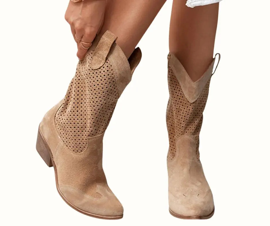 Orthopedic Cowboy Boots Block Heel Perforated Western Style - Brown