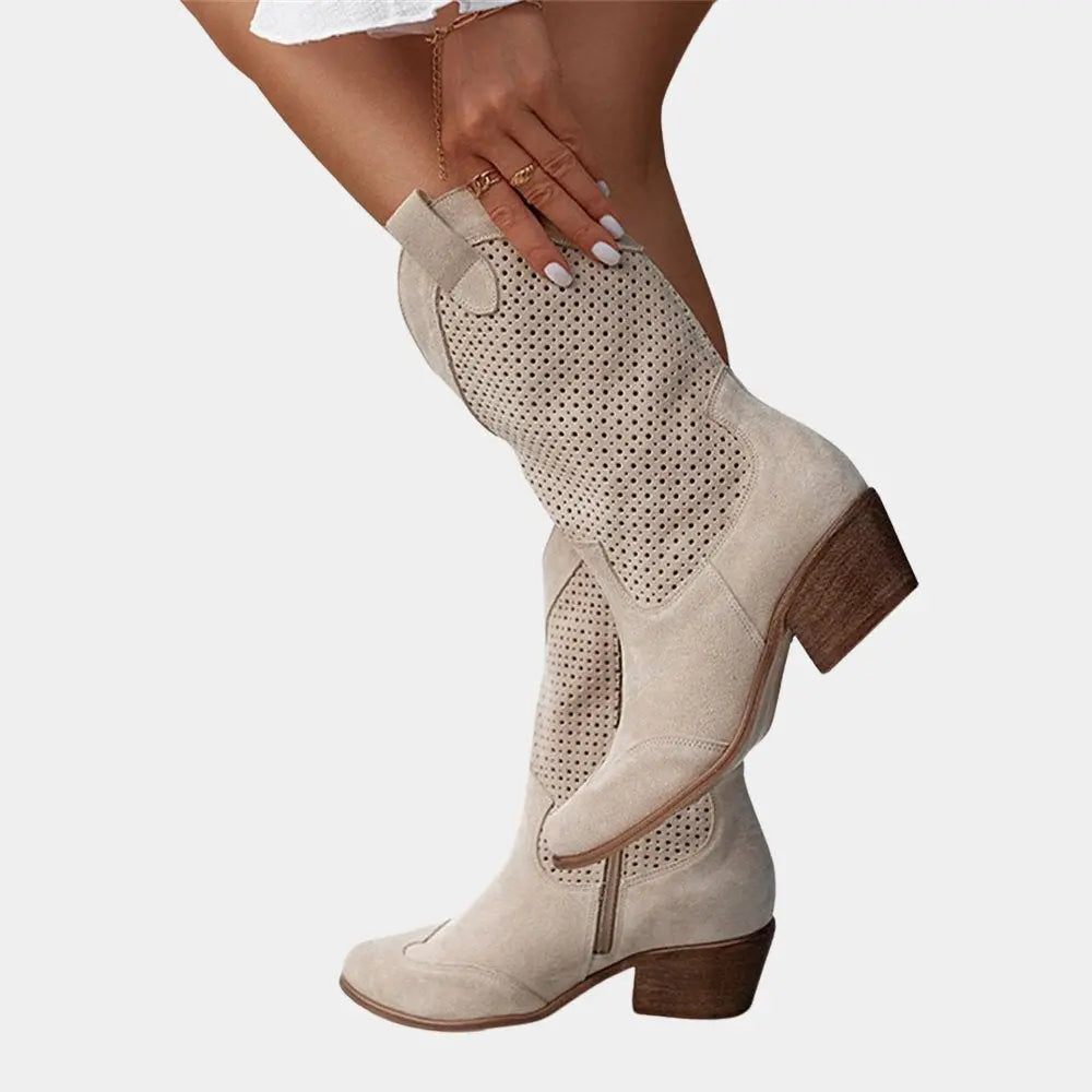 Orthopedic Cowboy Boots Block Heel Perforated Western Style - Beige