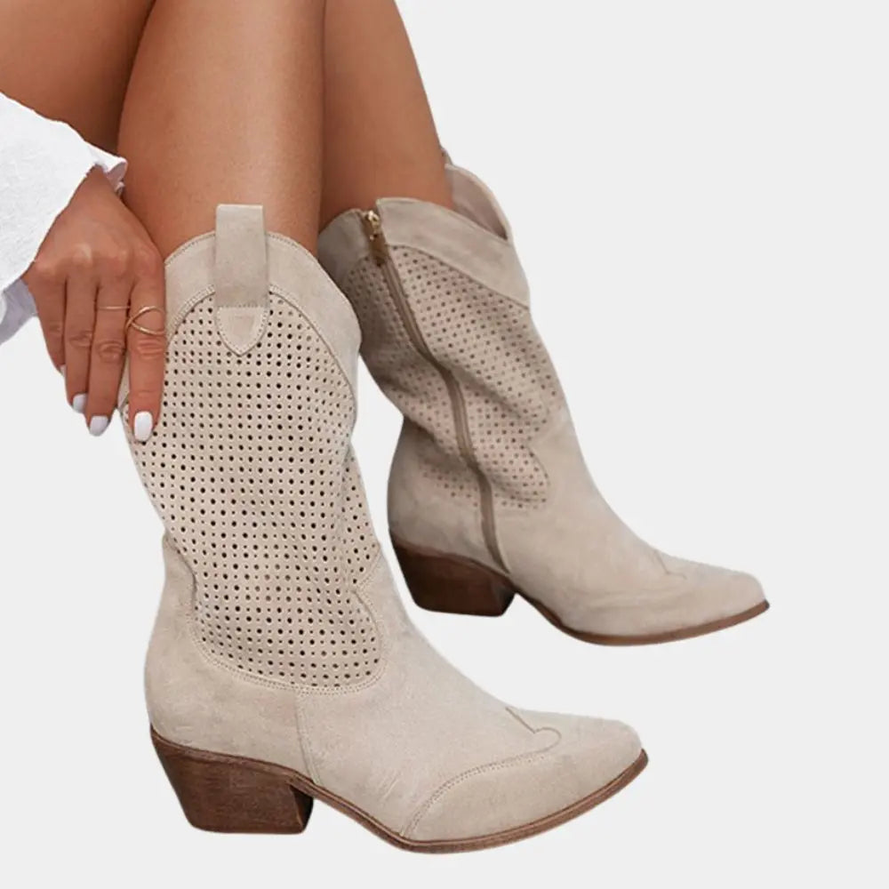 Orthopedic Cowboy Boots Block Heel Perforated Western Style