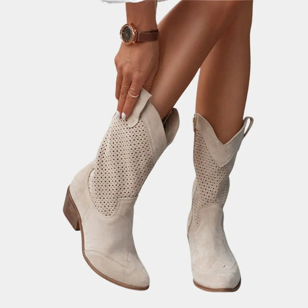 Orthopedic Cowboy Boots Block Heel Perforated Western Style
