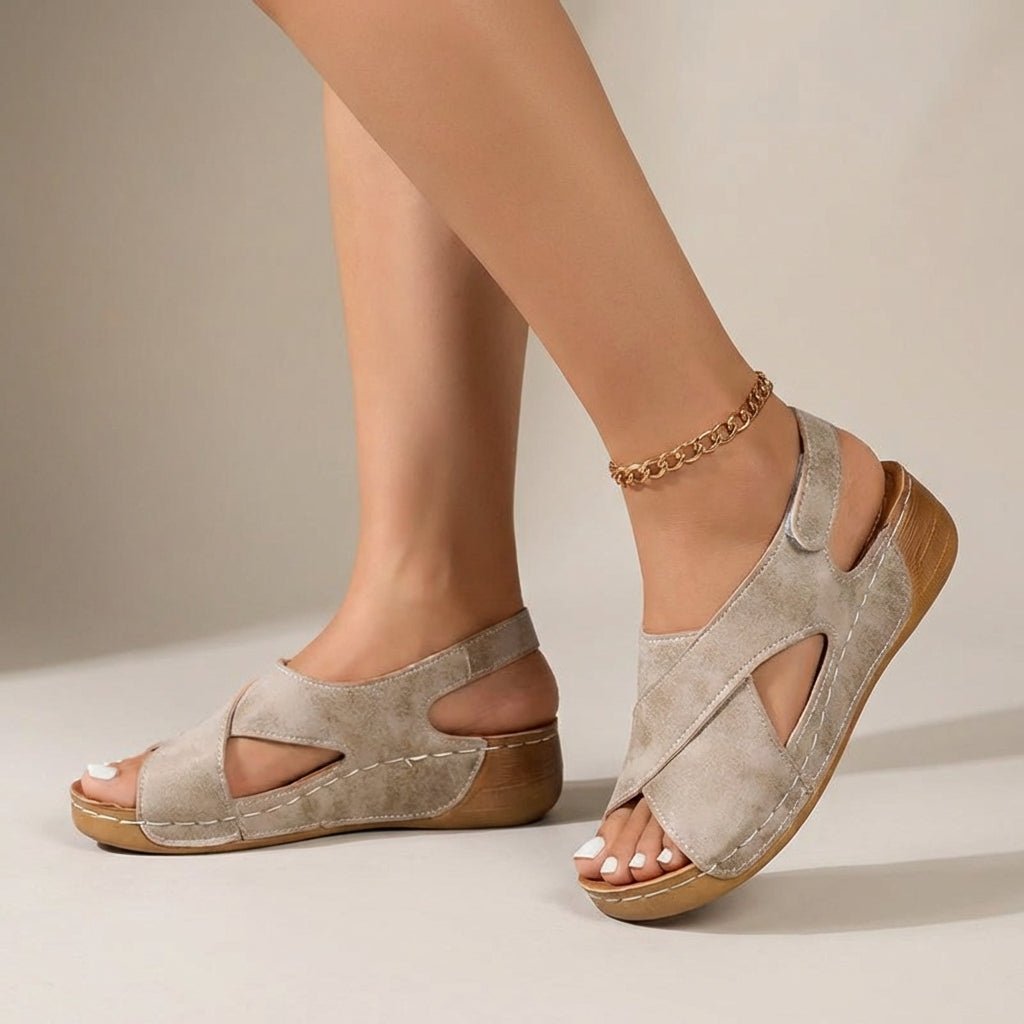 Orthopedic Criss-Cross Slingback Wedge Sandals - Beige