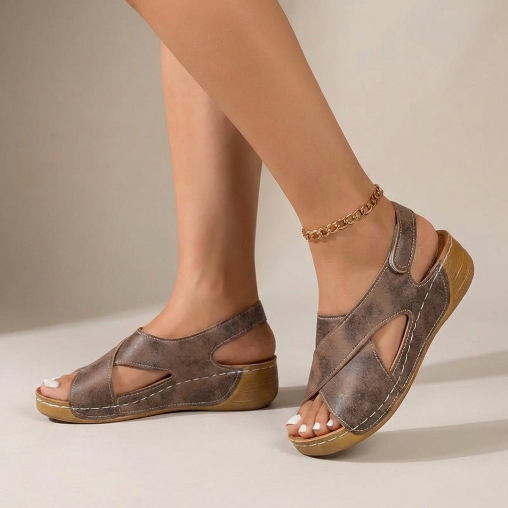 Orthopedic Criss-Cross Slingback Wedge Sandals - Brown
