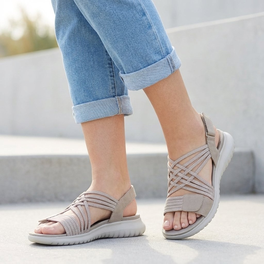 Orthopedic Criss-Cross Strappy Sandals Adjustable Comfort - Beige
