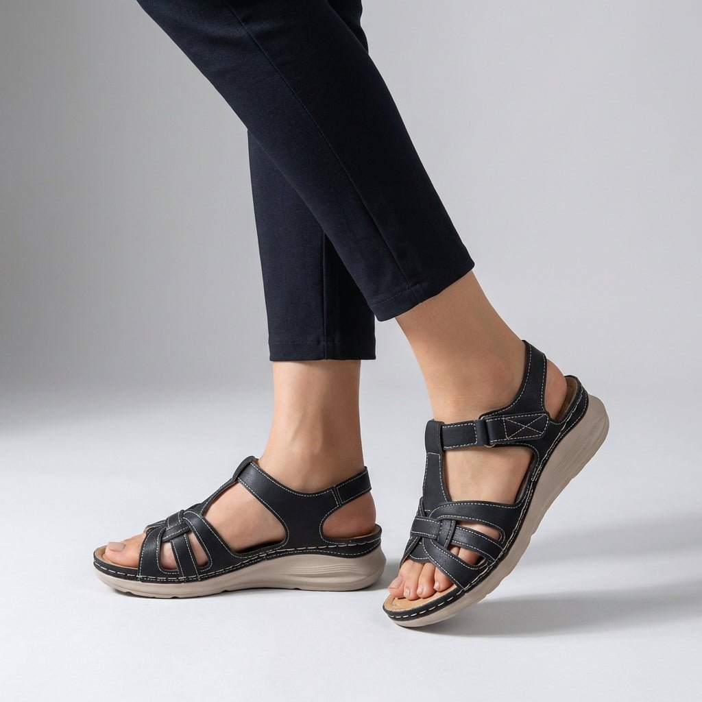 Orthopedic Cross-Strap Wedge Sandals Open-Toe - Black