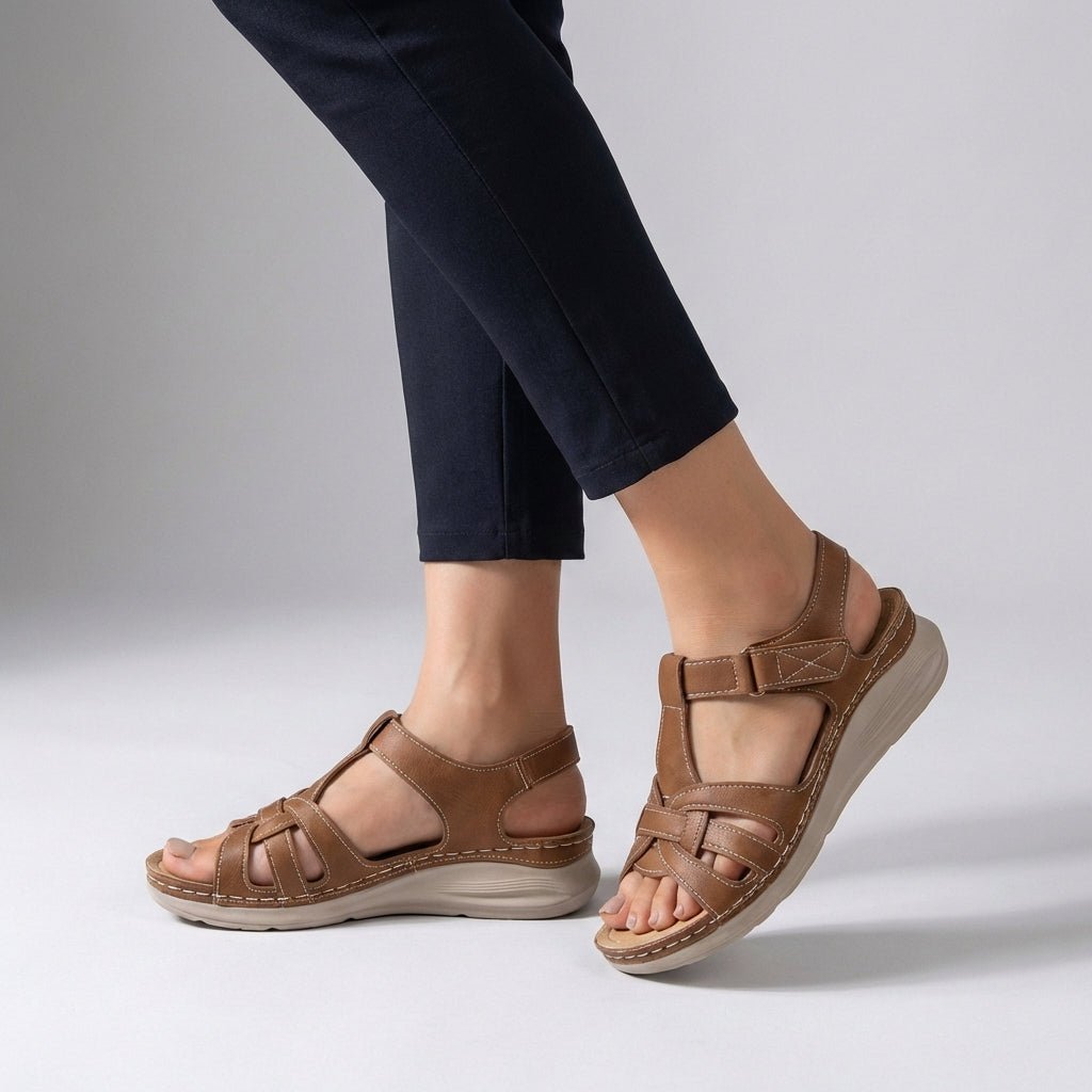 Orthopedic Cross-Strap Wedge Sandals Open-Toe - Brown